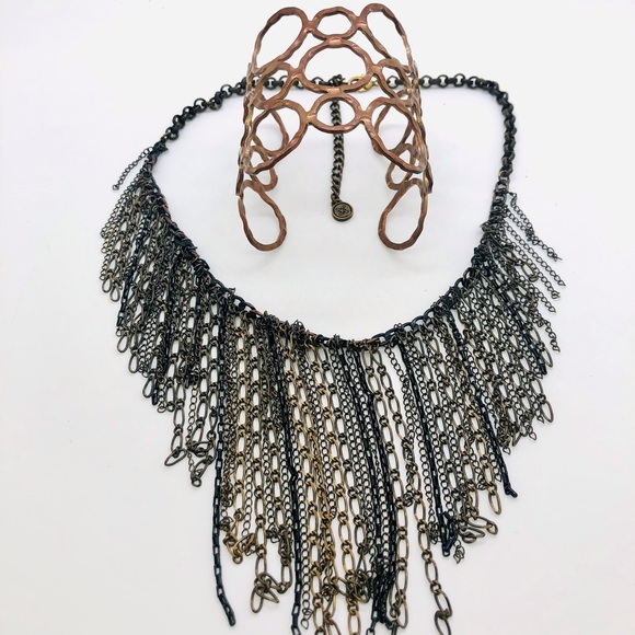 Vintage Fringe Chain Necklace & Modernist Wide Cuff Bracelet - Picture 11 of 16